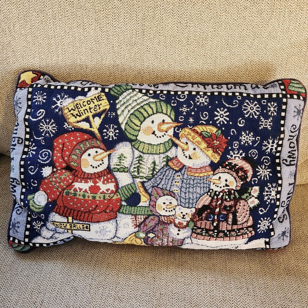 Holiday Tapestry Snowman Family Pillow Blue 12x18 I"Winter Holidays Decorative